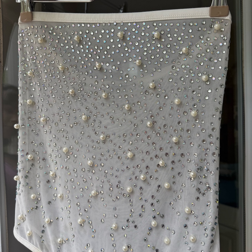 Embellished Pearl and Rhinestone Sparkly White Bodysuit - Picture 6 of 7